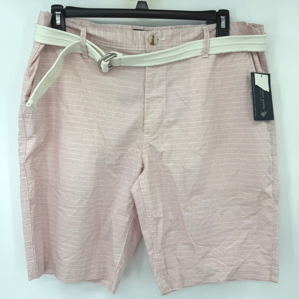 U.S. Polo Assn. Hartford Shorts Mens 38 Pink Striped 10in Inseam Belted NWT Read
